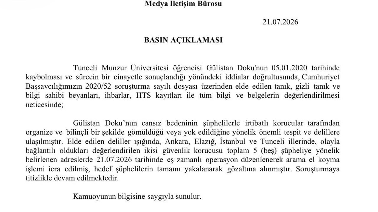 Tunceli başsavcılığı: Gülistan Doku'nun cansız bedenine ilişkin tespitler
