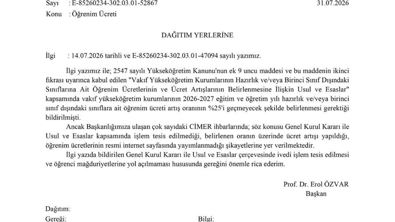 YÖK'ten vakıf üniversitelerine öğrenim ücreti artışı uyarısı