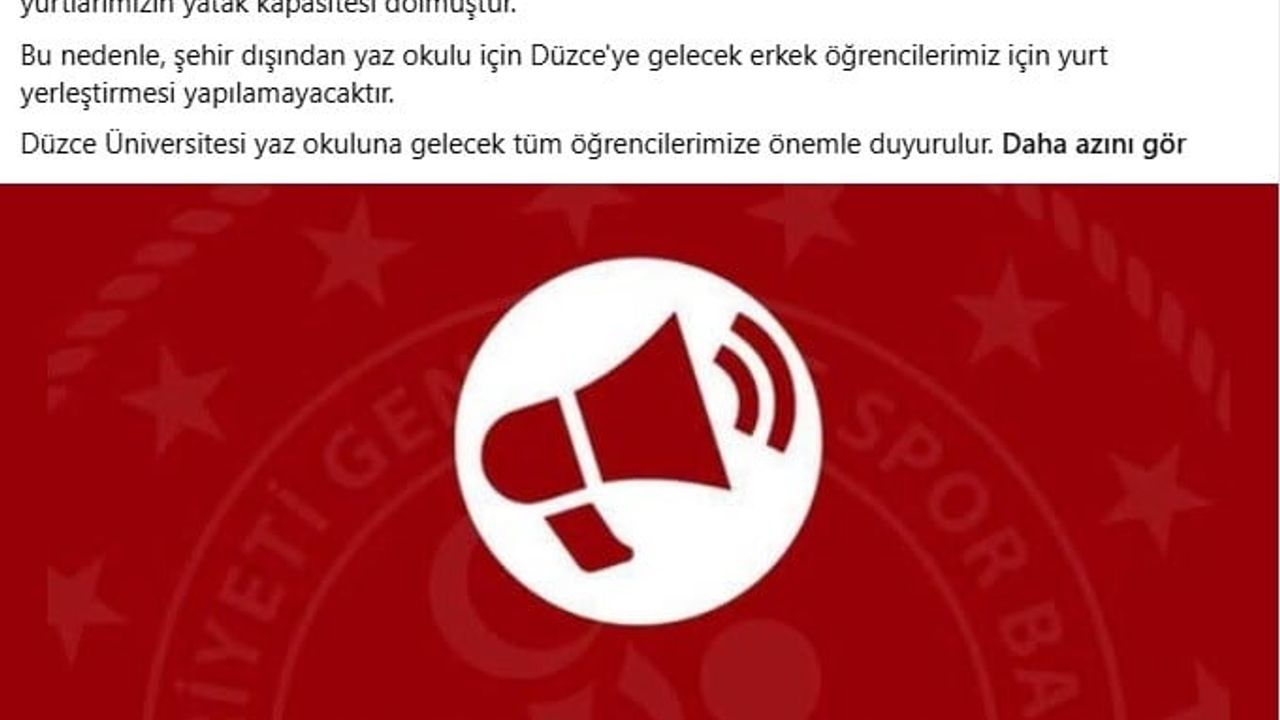Yurt kapasitesi doldu: Düzce Gençlik ve Spor İl Müdürlüğü'nden uyarı