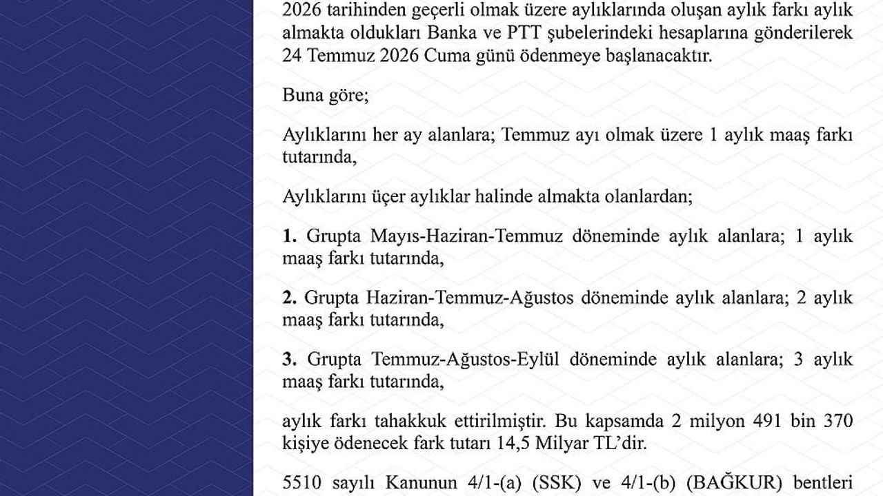 Zam farkı ödemeleri 24 temmuz'da başlıyor: emekli sandığı kapsamı netleşti