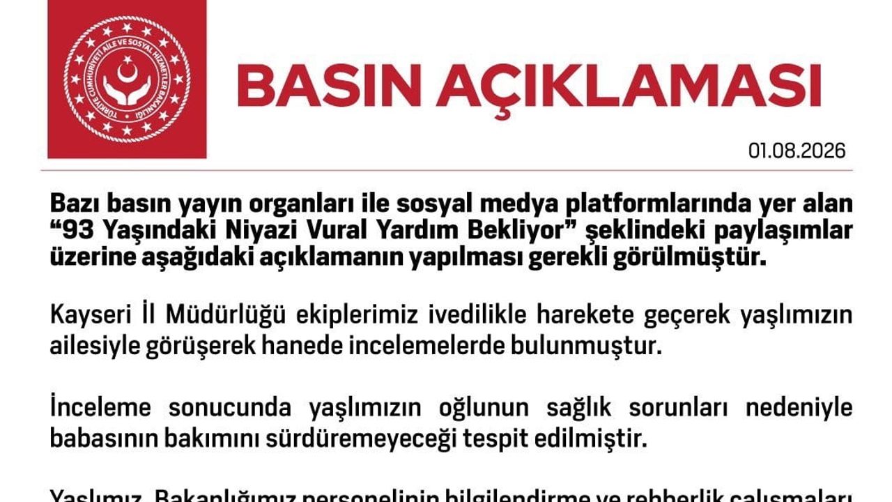 Bakanlık: Kayseri'de 93 yaşındaki Niyazi Vural bakım merkezine yerleştirildi