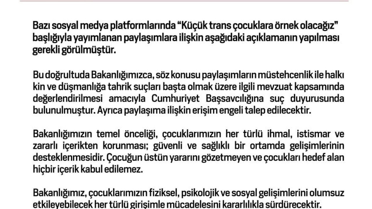 Çocukları hedef alan paylaşımlar için bakanlık savcılığa başvurdu