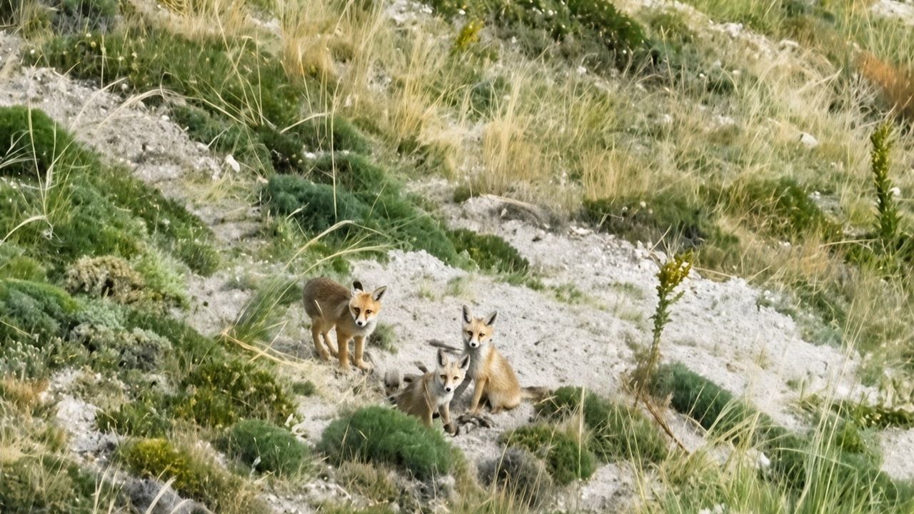 Dağ yamaçlarında oynayan üç yavru: tilki ailesinden drone kareleri