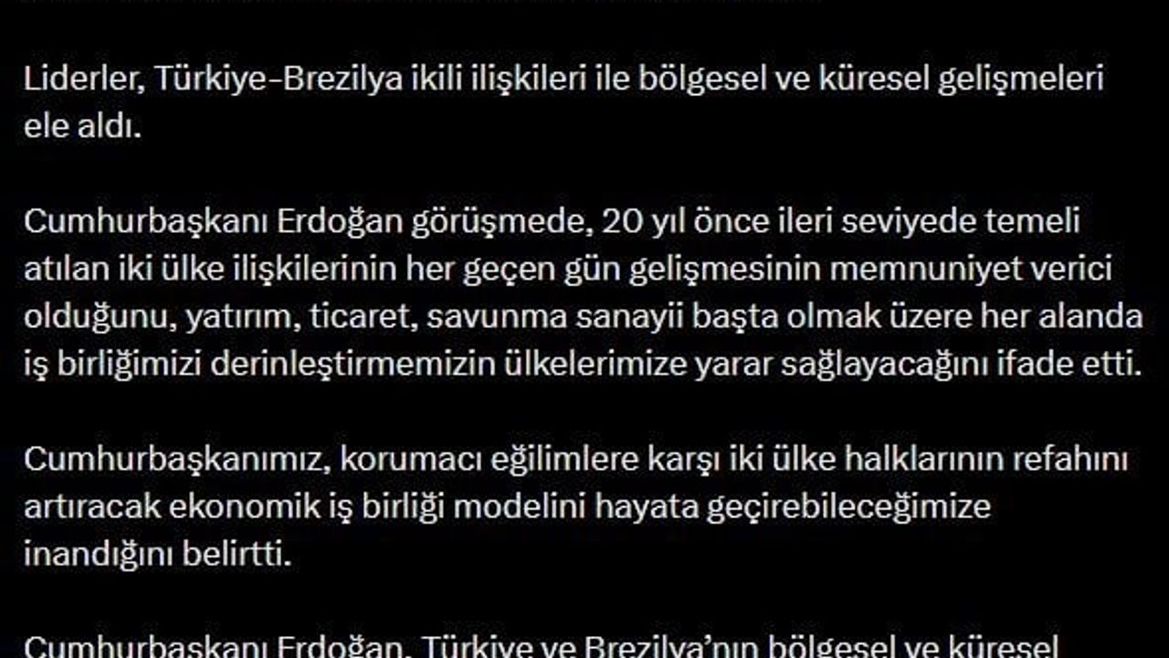 Erdoğan ve Lula da Silva telefonda görüştü: ikili ilişkilerde iş birliğine vurgu