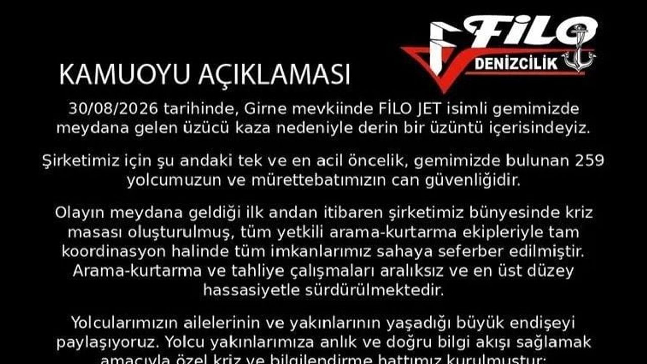 Kaza sonrası Filo Denizcilik'ten kriz ve bilgilendirme hattı