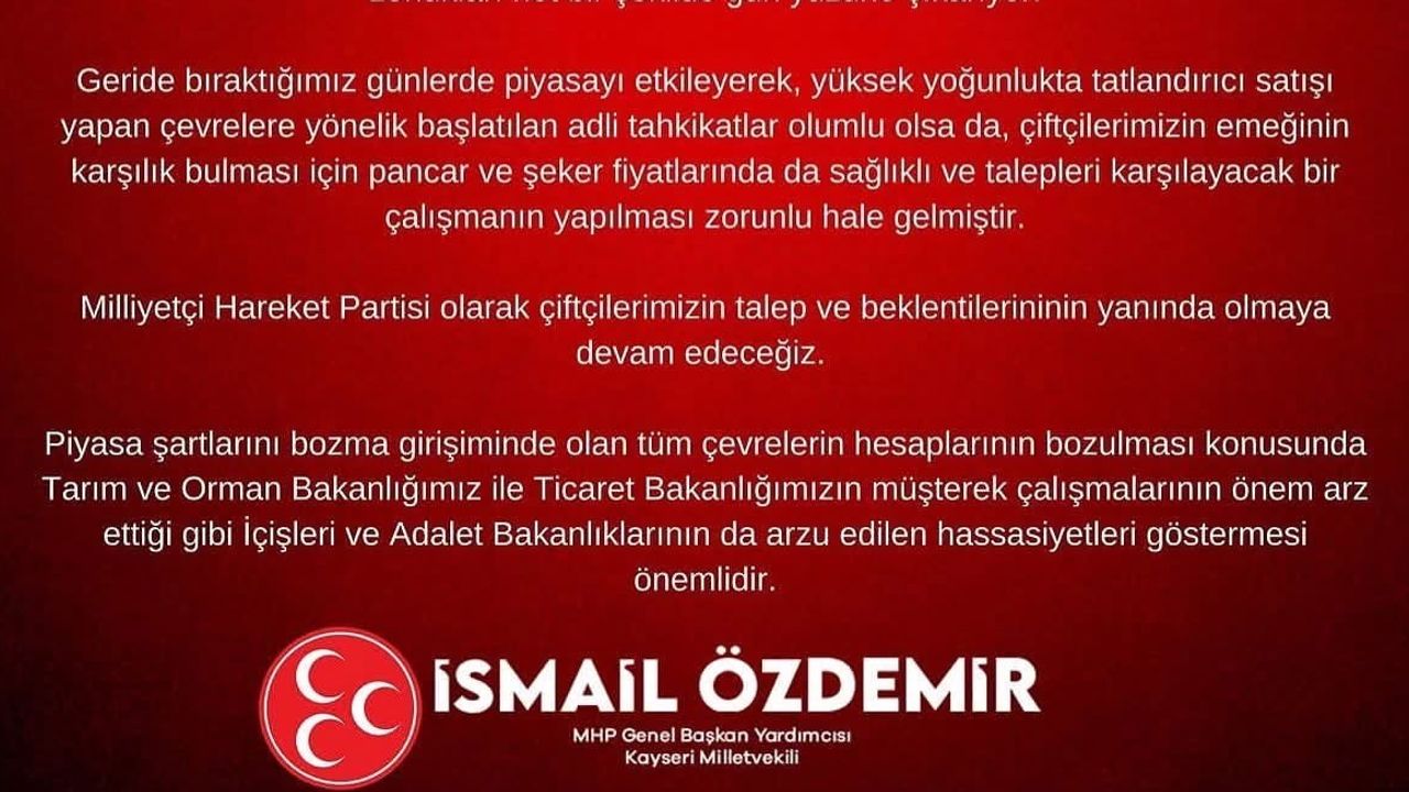 MHP çiftçilerin taleplerinin yanında: pancar ve şeker fiyatlarında düzenleme çağrısı