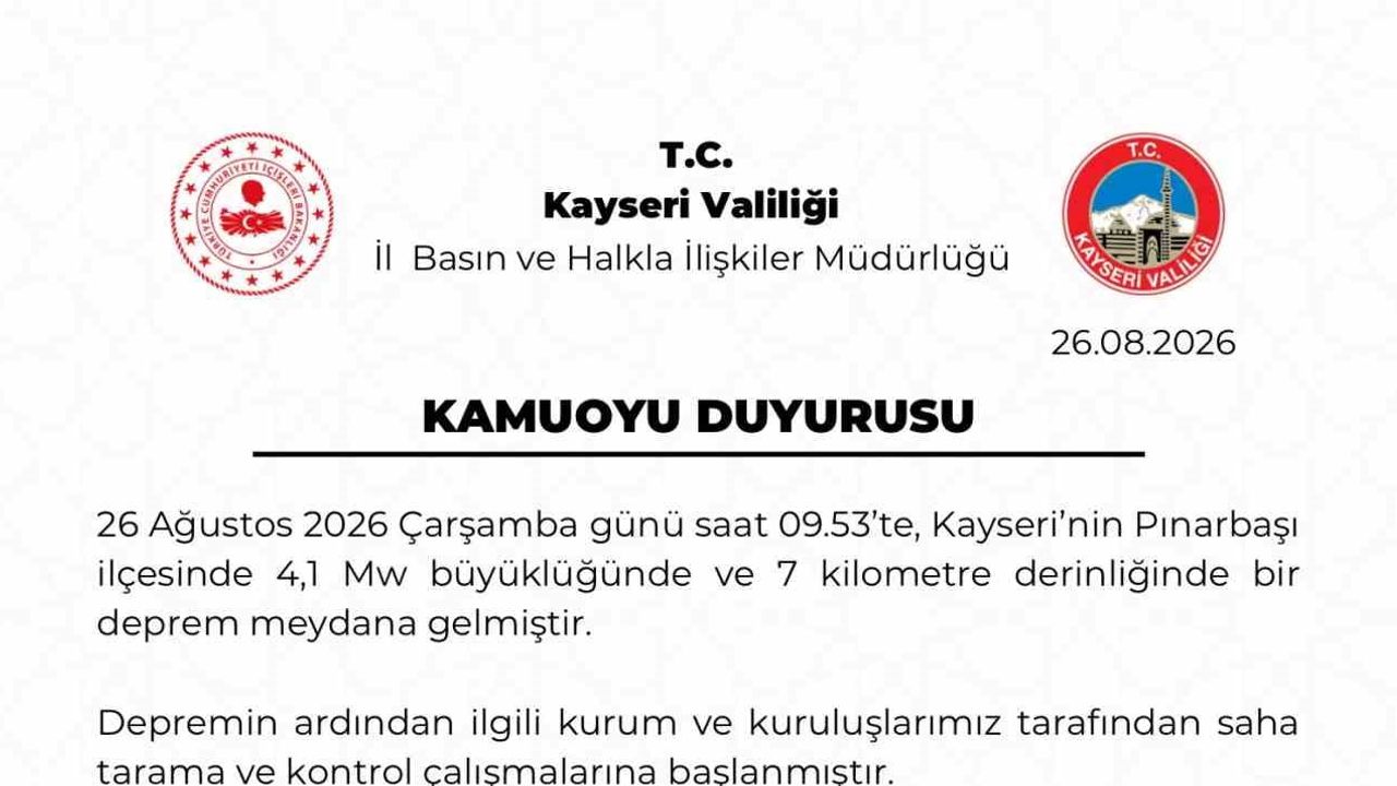 Pınarbaşı'nda 4,1 büyüklüğündeki depremde olumsuzluk bildirilmedi