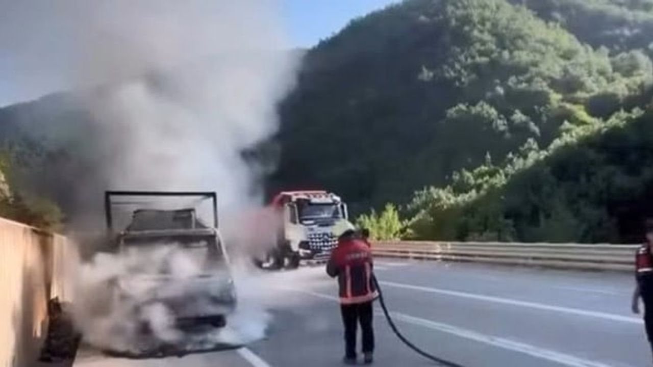 Sinop-Boyabat kara yolunda alevlenen piliç nakliye kamyoneti için müdahale