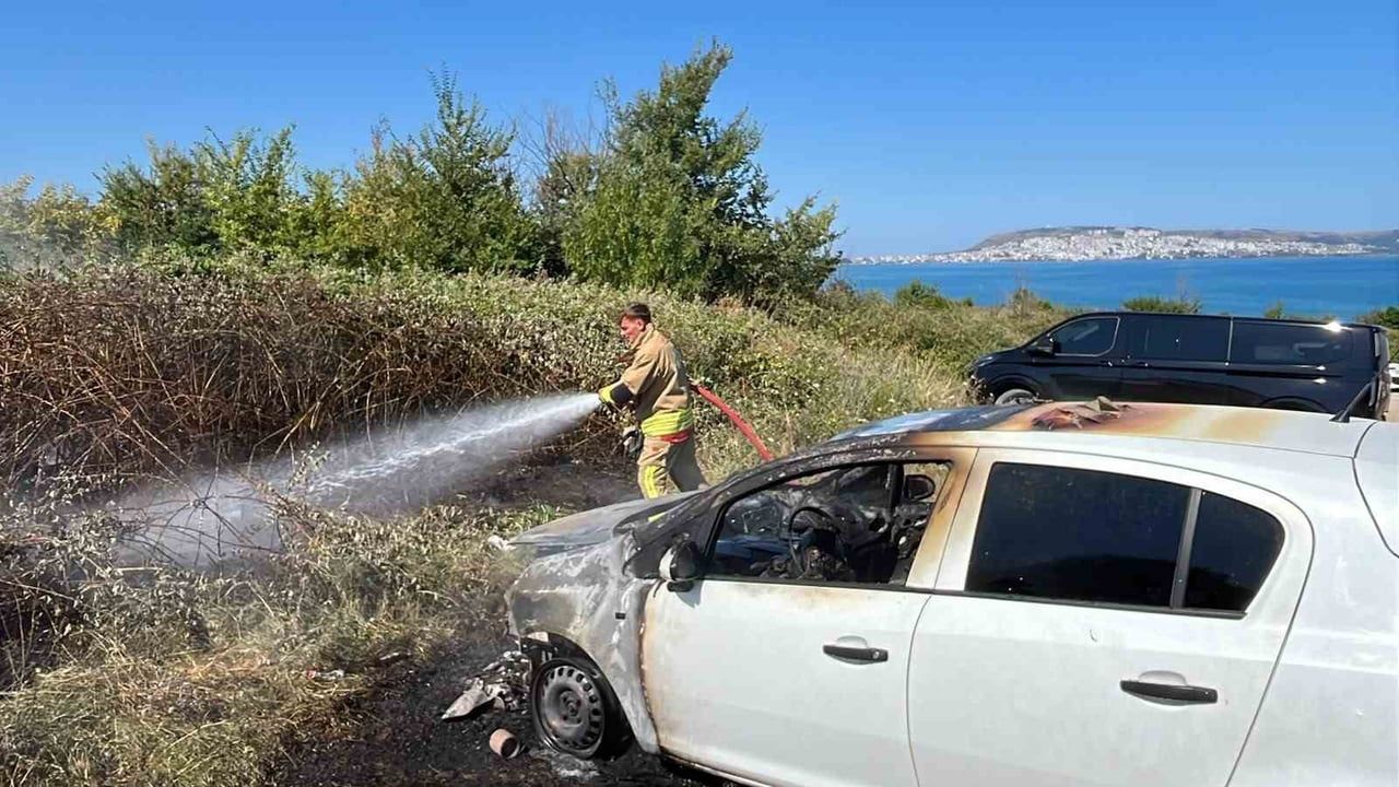 Sinop'ta bir otomobilin motorundaki yangın otluk alana sıçradı