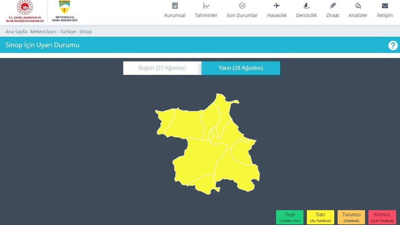 Sinop ve ilçelerinde sarı kodlu sağanak uyarısı