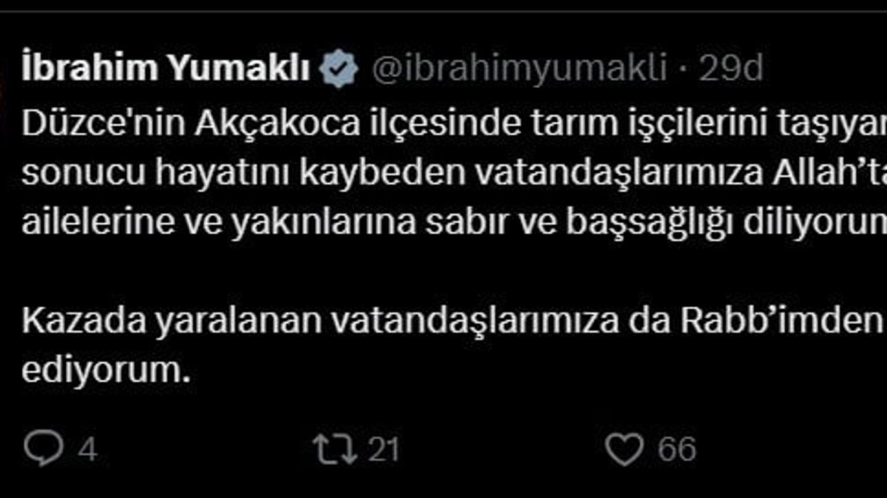 Bakan Yumaklı'dan Akçakoca'daki kaza sonrası başsağlığı mesajı