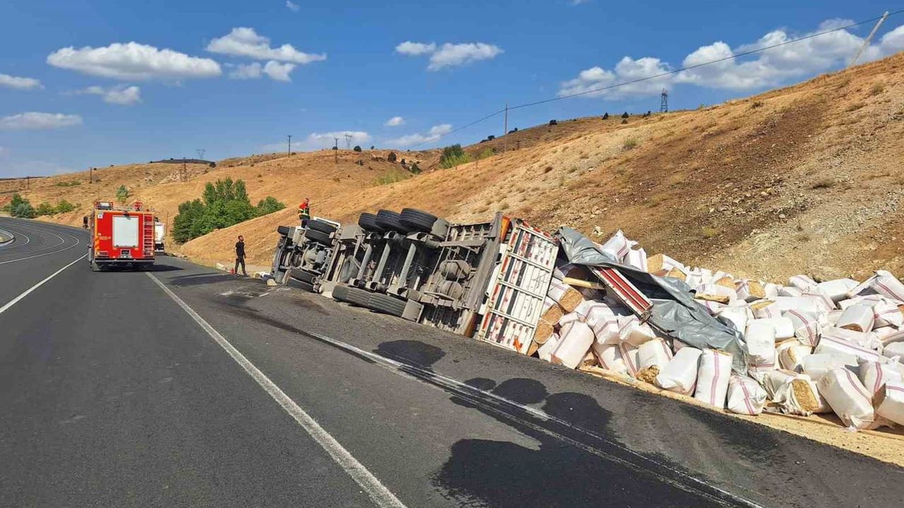 Bingöl'de şarampole devrilen saman yüklü tır alev aldı: sürücü hastaneye kaldırıldı