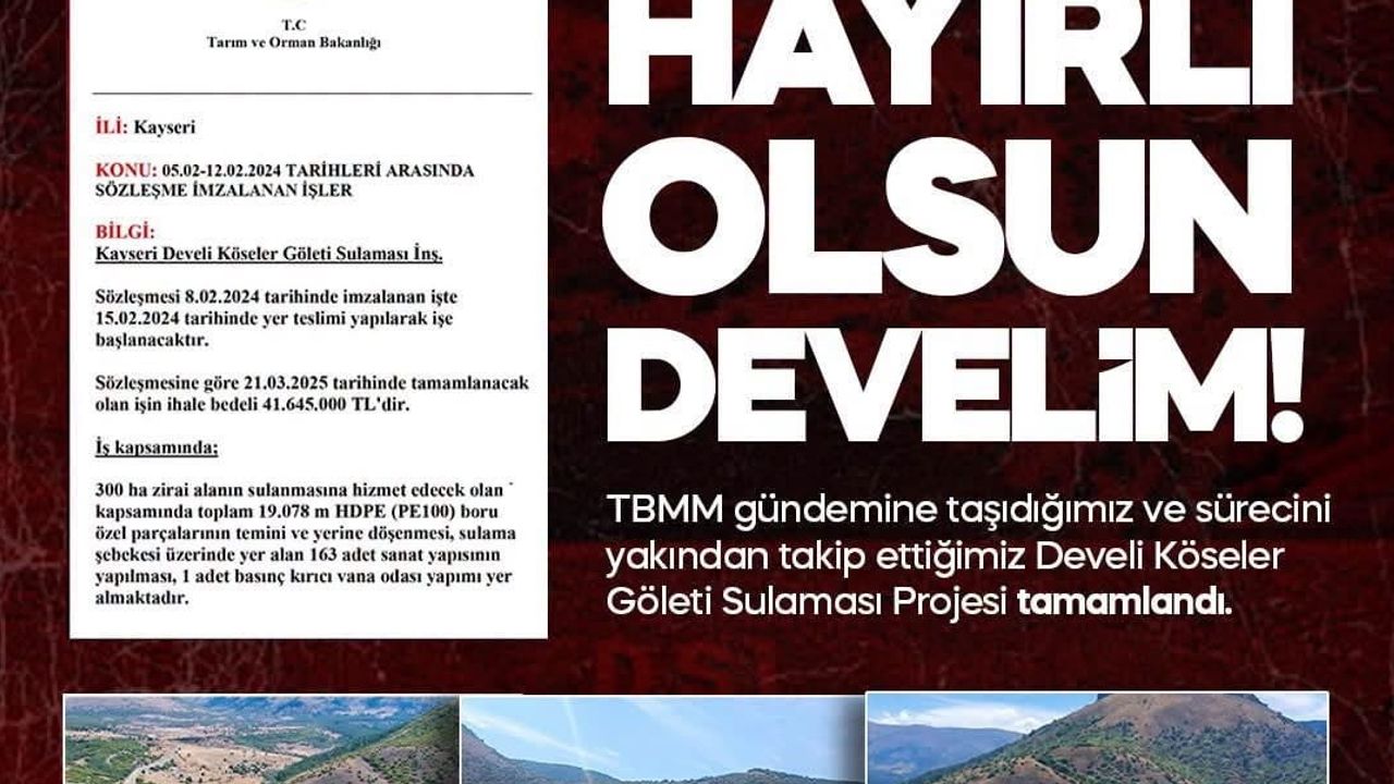 Develi'ye 300 hektarlık destek: Köseler Göleti sulaması tamamlandı