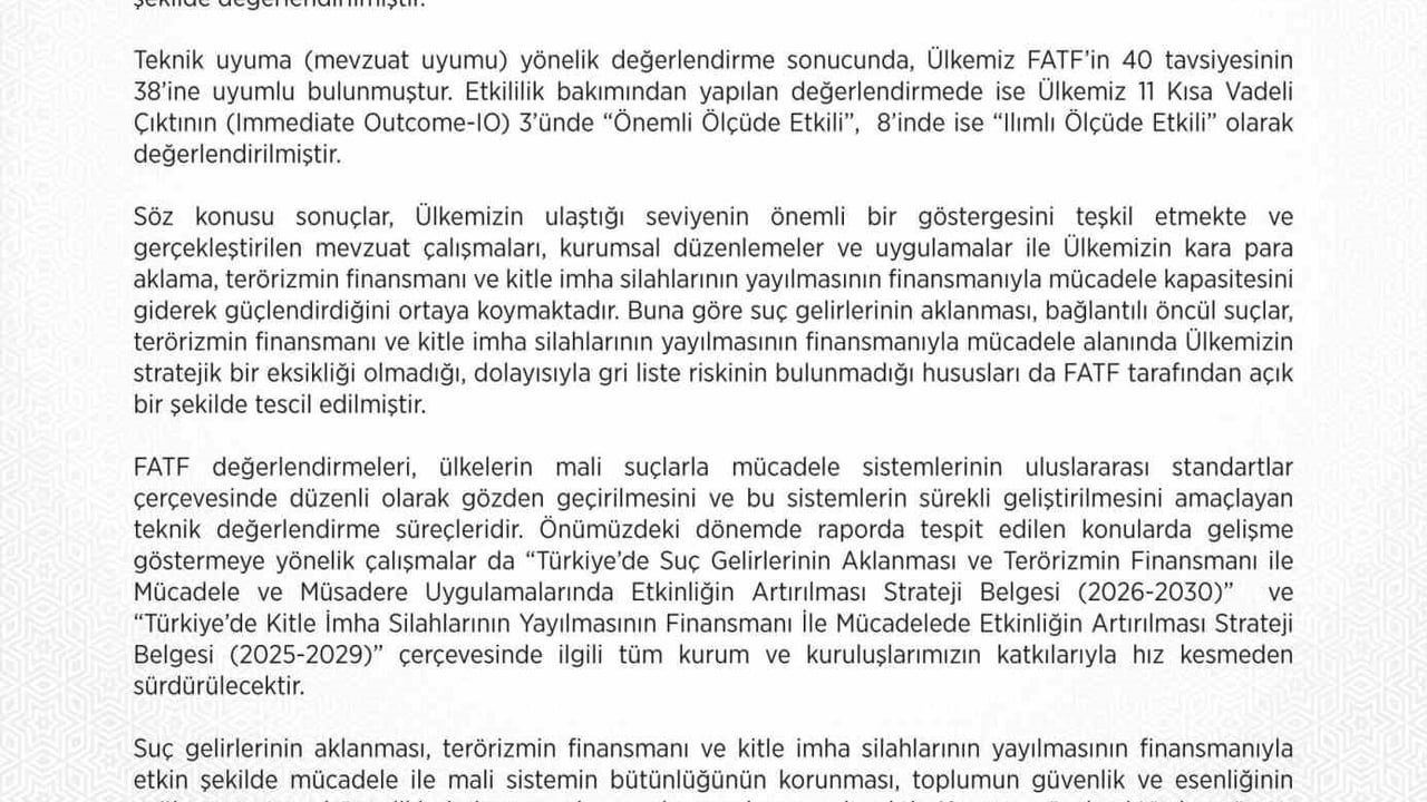 FATF değerlendirmesi: ülkemiz 40 tavsiyenin 38'ine teknik uyum sağladı