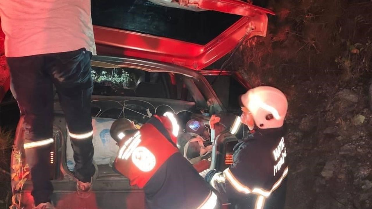 Itfaiye kurtardı: Erzin'de ormanlık alana uçan otomobilden 4 kişi çıkarıldı