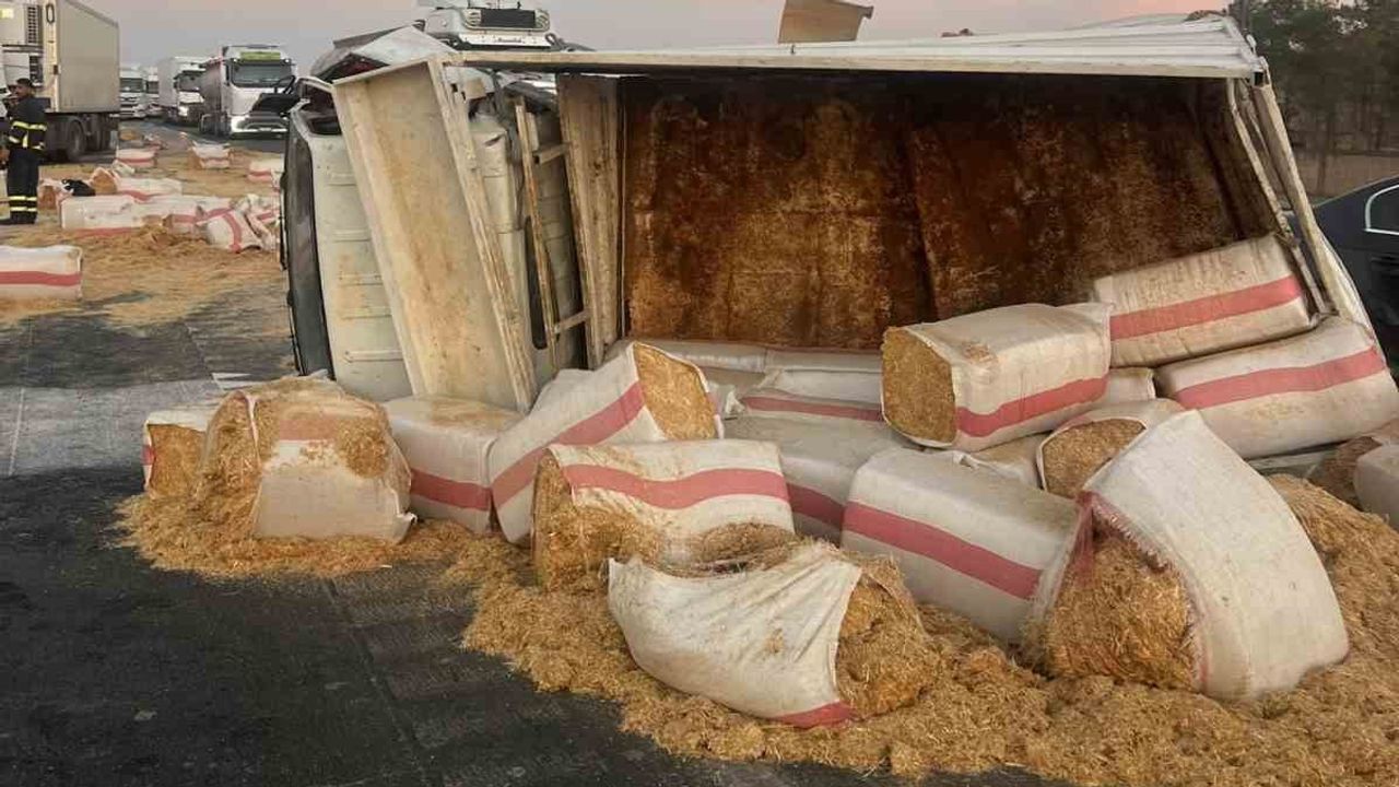 Kızıltepe'de saman balyaları yola saçıldı, kamyonet devrildi