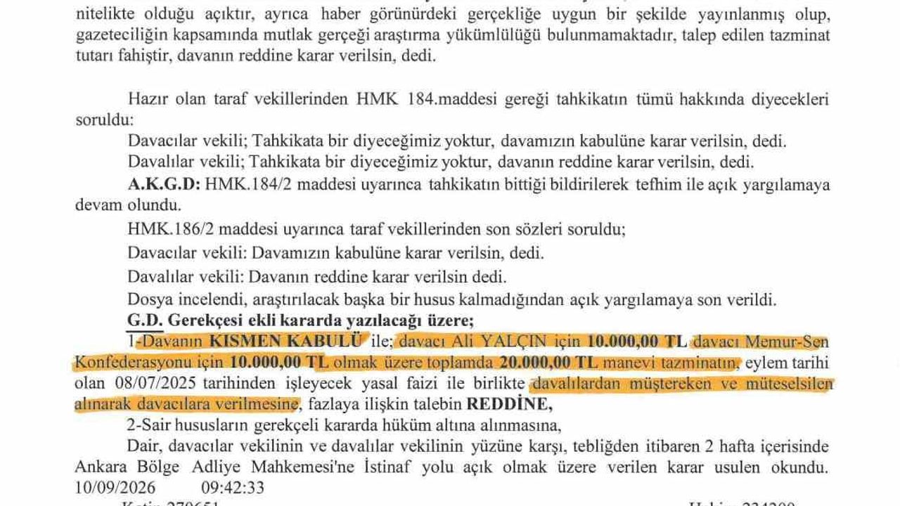 Mahkeme itibar zedeleyici haber iddialarında Memur-Sen'in lehine karar verdi