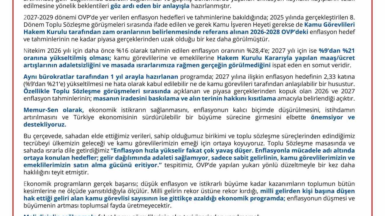 Memur-Sen'den OVP'ye uyarı: maaş adaleti ve makasın kapatılması talebi