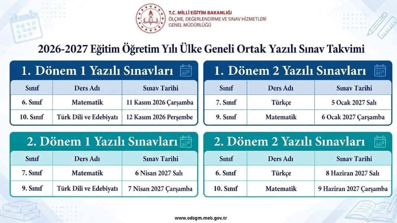 Milli Eğitim Bakanlığı 2026-2027 ortak yazılı sınav takvimini açıkladı