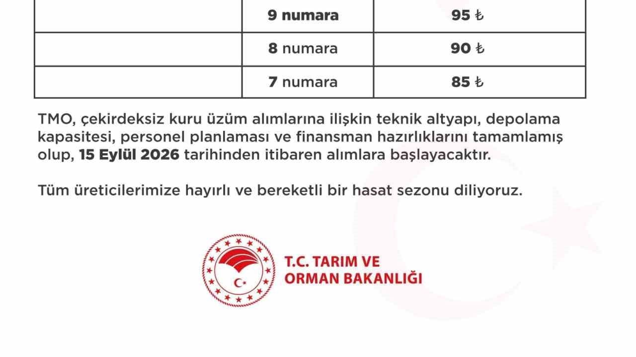 TMO 2026 alımlarında bandırmalı çekirdeksiz üzüm fiyatları belirlendi