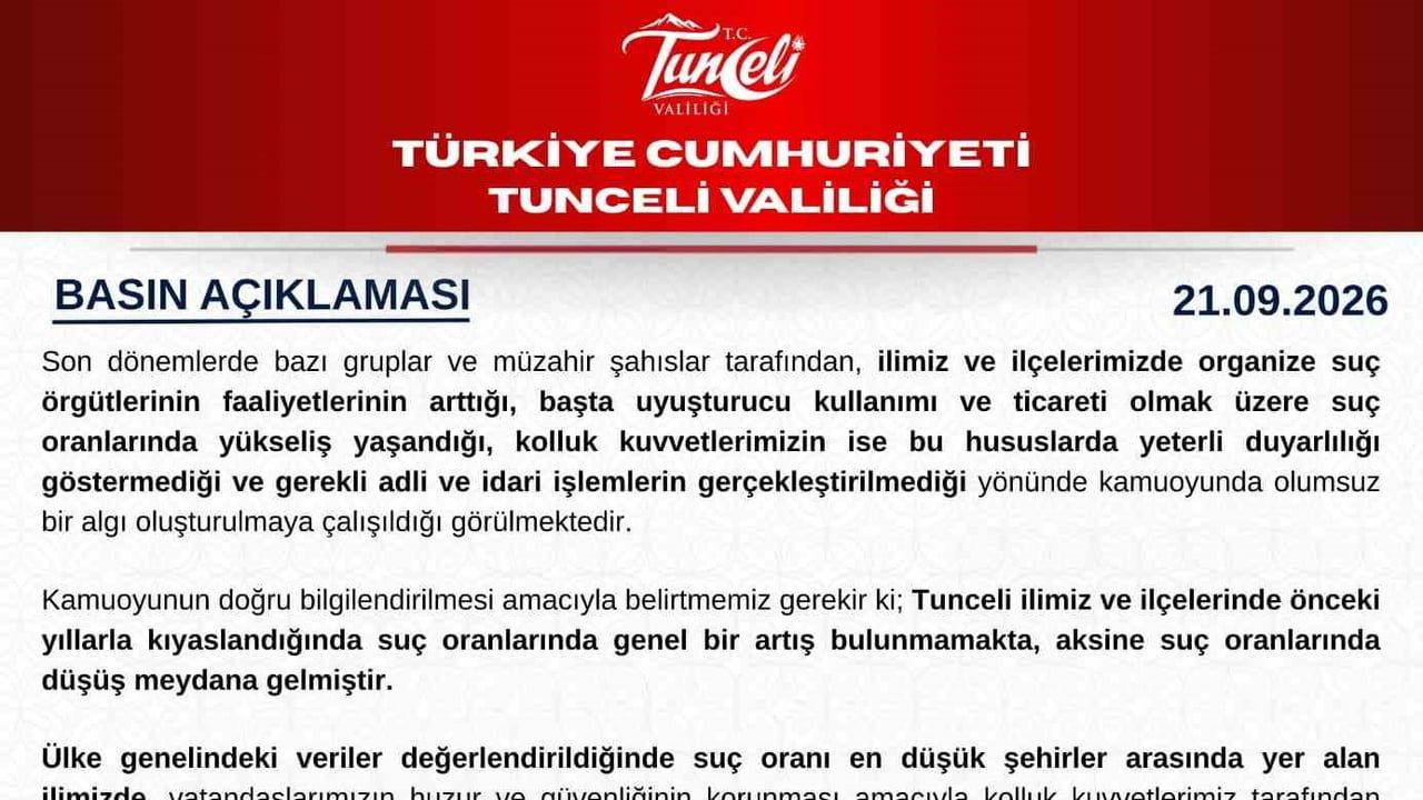 Tunceli valiliği: veriler suç oranlarında genel düşüşe işaret ediyor