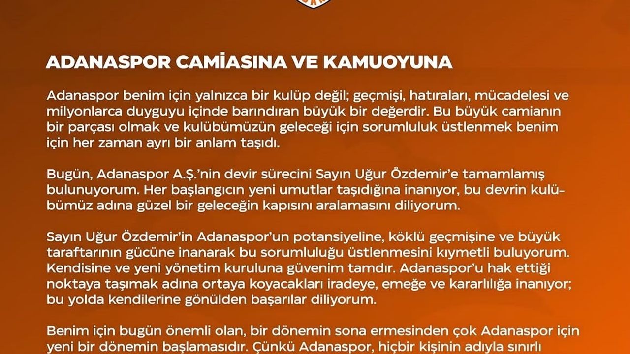 Adanaspor'da devir tamamlandı: yeni dönem için umut mesajı