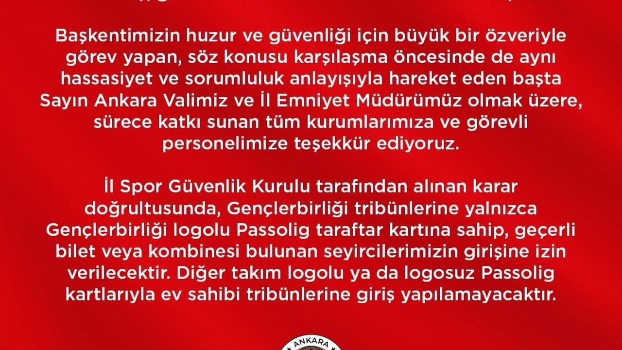 ev sahibi tribünlerine yalnızca gençlerbirliği logolu passolig kartıyla giriş izni verilecek