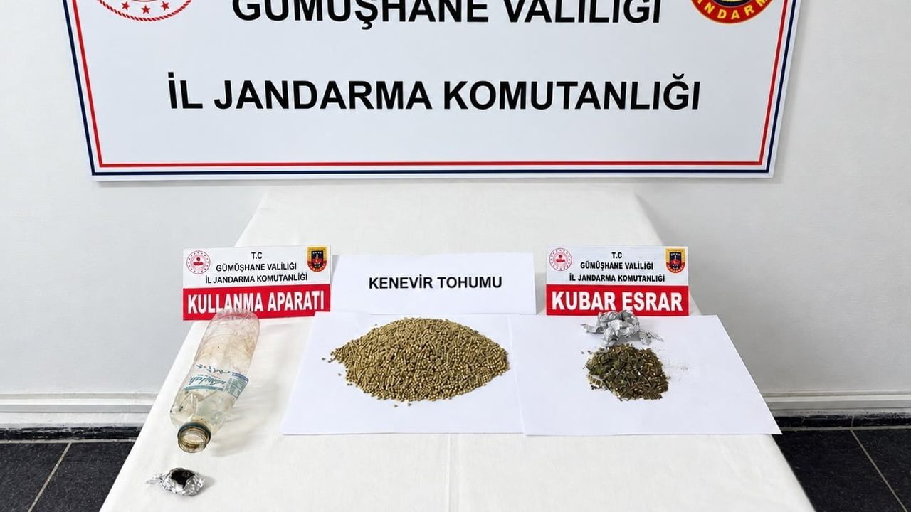 Gümüşhane'de jandarma operasyonunda araçta kubar esrar ve 102,8 gram kenevir tohumu ele geçirildi
