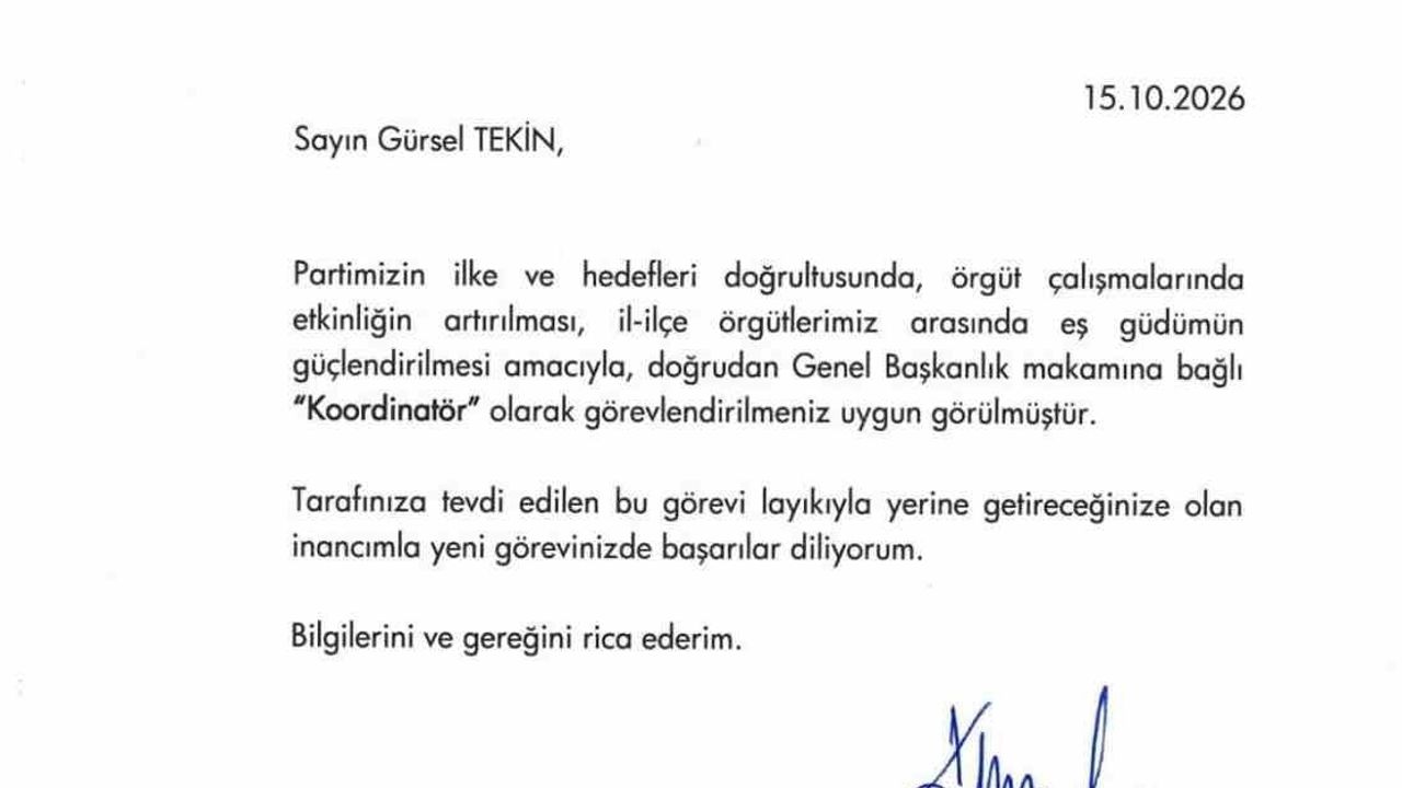 Gürsel Tekin'e genel başkanlık makamına bağlı koordinatörlük görevi verildi