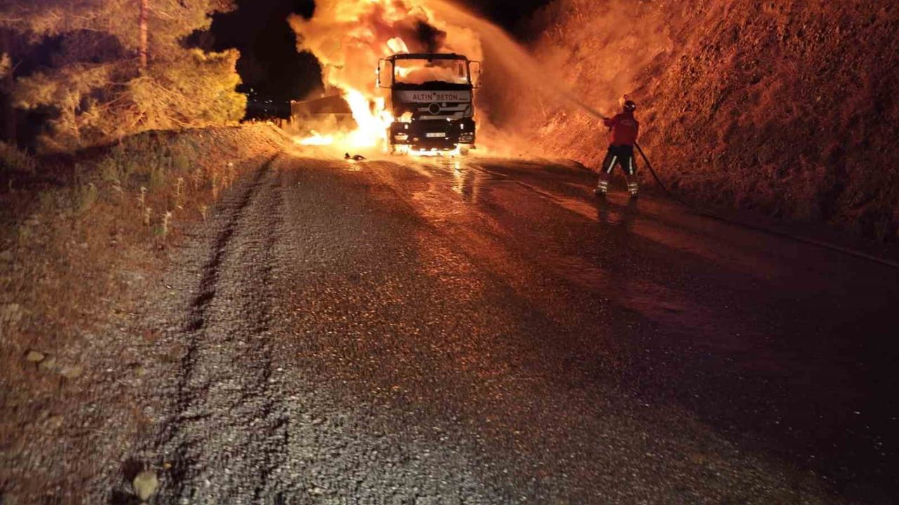 Havran’da seyir halindeki kamyon alev aldı, ekipler orman sınırını korudu