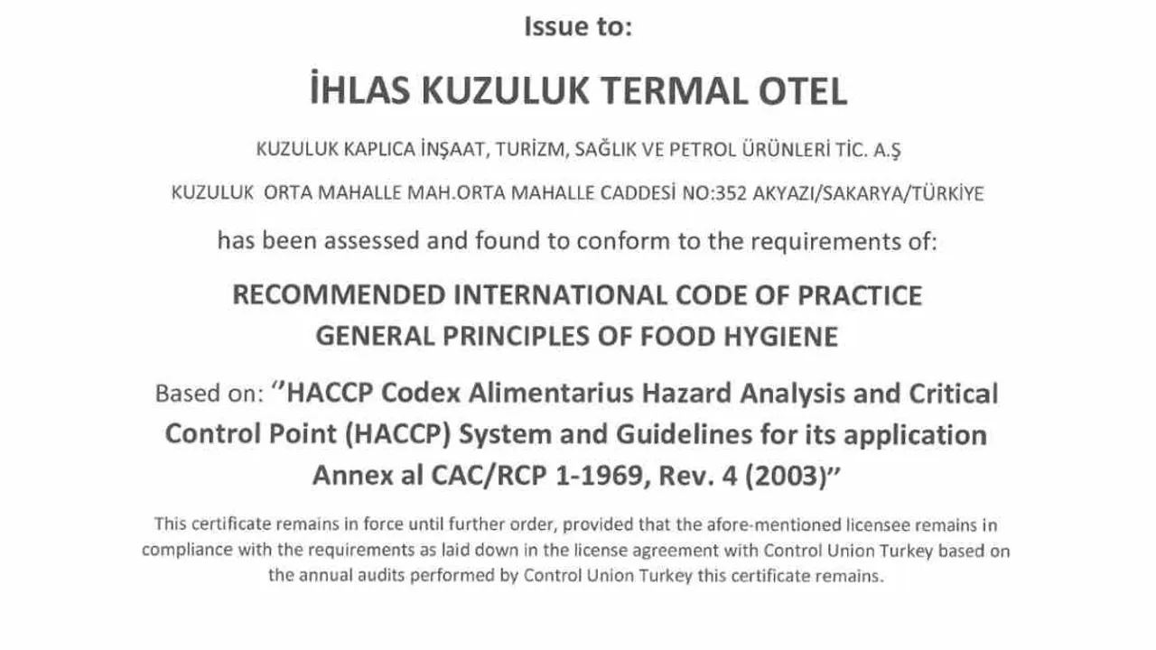 İhlas Kuzuluk Termal Otel’de gıda güvenliği önleyici yaklaşımla tescillendi