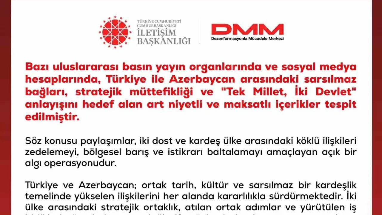 Kardeşlik vurgusu: Dezenformasyonla Mücadele Merkezi'nden Türkiye ve Azerbaycan açıklaması