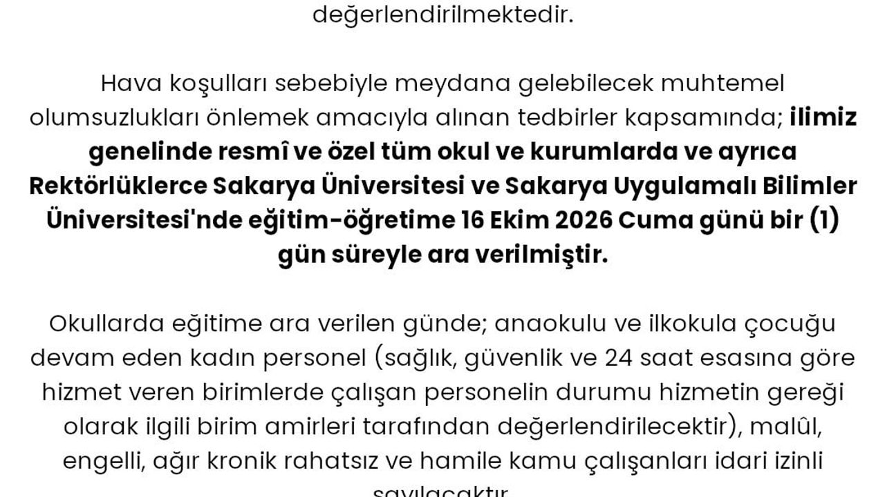 Sakarya’da sağanak uyarısıyla okullara bir gün ara verildi