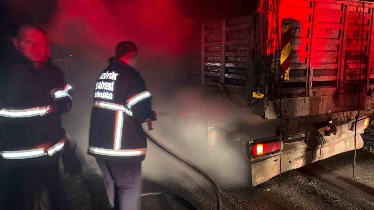 Seyir halindeki kamyonun lastik patlaması Bozüyük'te yangına yol açtı