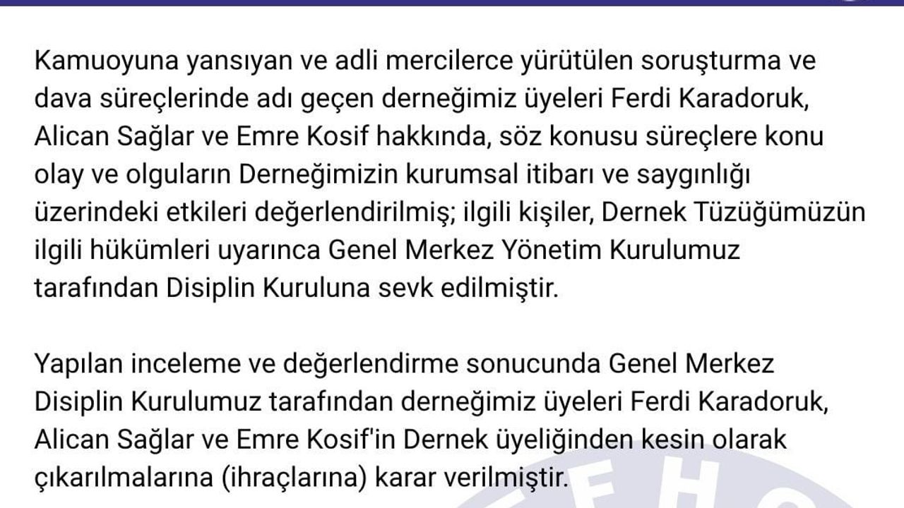 TFFHGD Ferdi Karadoruk, Alican Sağlar ve Emre Kosif'in dernekten ihraç edildiğini açıkladı