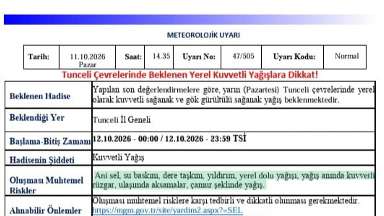 Tunceli için kuvvetli yağış ve sel uyarısı