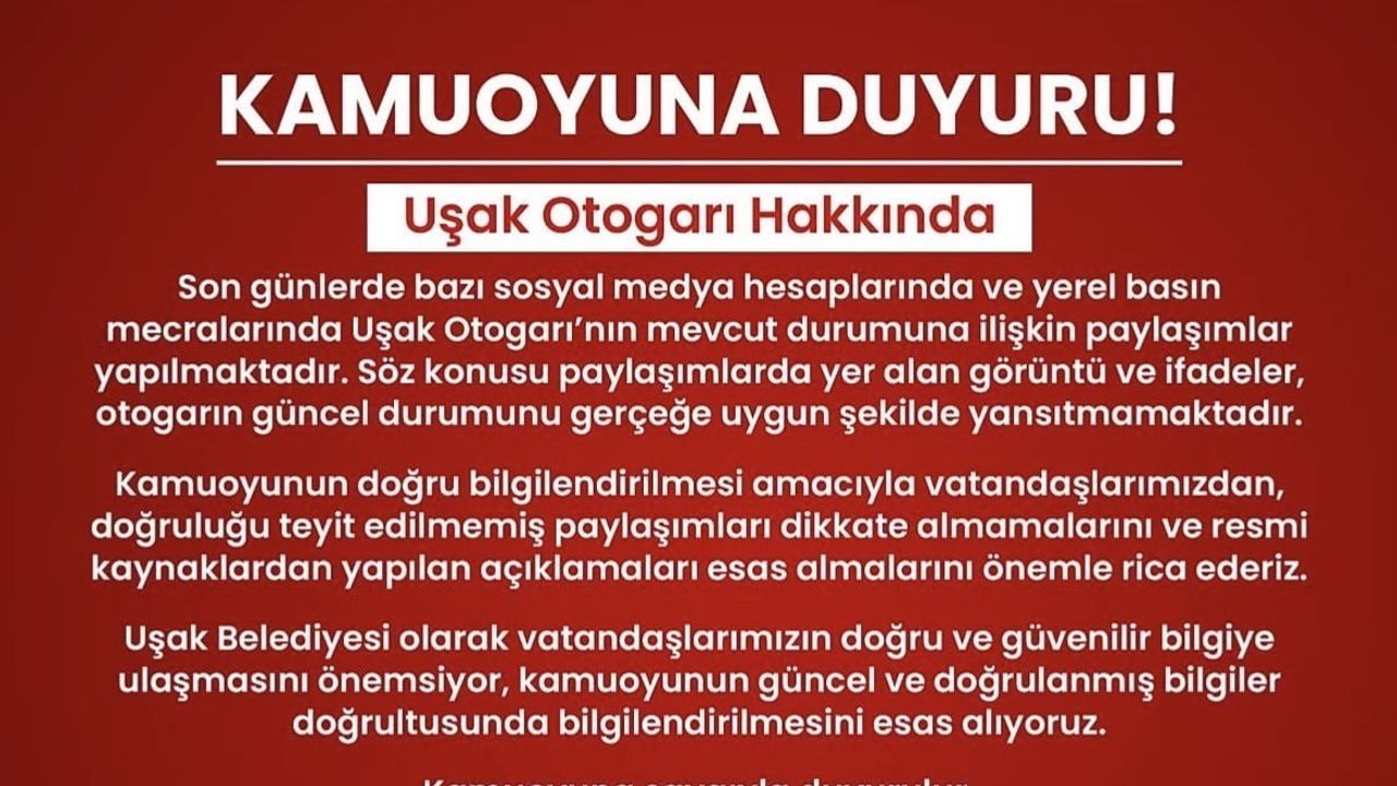 Uşak belediyesi yanlış otogar paylaşımlarına karşı resmi bilgilendirme yaptı