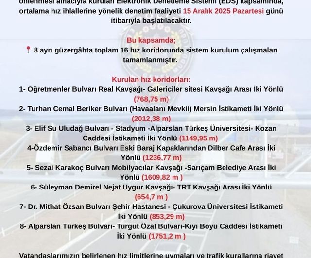 Adana'da EDS ile 16 Hız Koridorunda Ortalama Hız Denetimi Yarın Başlıyor