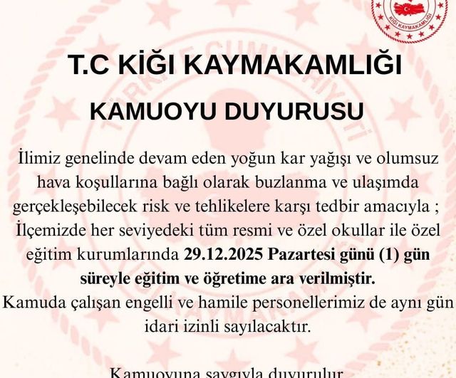 Bingöl'ün Kiğı ve Adaklı ilçelerinde eğitime 29 Aralık 2025'te 1 gün ara verildi