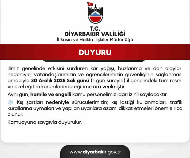 Diyarbakır'da 30 Aralık 2025 Salı Günü Eğitime Kar ve Buzlanma Nedeniyle Ara Verildi