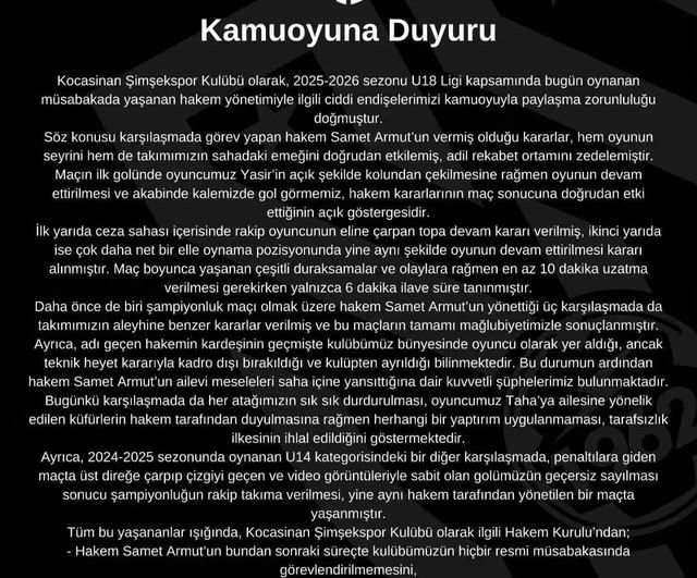 Kocasinan Şimşekspor, Hakem Samet Armut’un Kulüp Maçlarında Görevlendirilmemesini Talep Etti