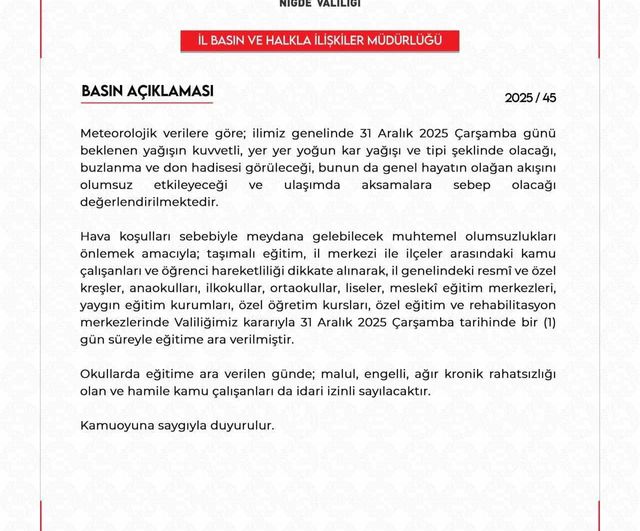 Niğde'de 31 Aralık 2025 için eğitime 1 gün ara verildi