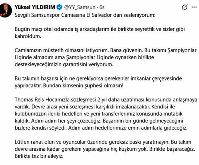 Samsunspor Başkanı Yüksel Yıldırım: Thomas Reis ile 2 yıllık sözleşme yenilenecek