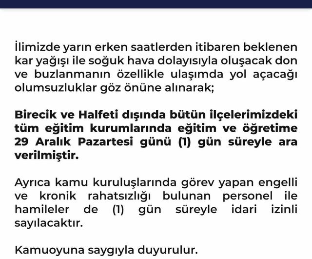 Şanlıurfa'da eğitime 29 Aralık Pazartesi günü 1 gün ara