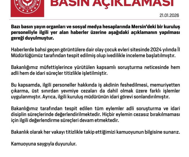 Bakanlık: Mersin'deki çocuk evi vakasında ilgili personele idari ve adli işlemler uygulandı