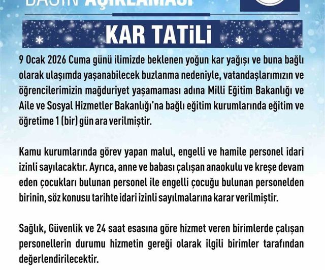 Elazığ'da 9 Ocak 2026 Cuma Günü Eğitime 1 Gün Ara Verildi