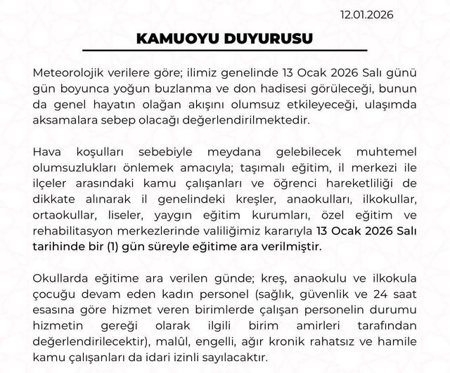Kayseri'de yoğun kar yağışı nedeniyle eğitime 13 Ocak Salı günü 1 gün ara