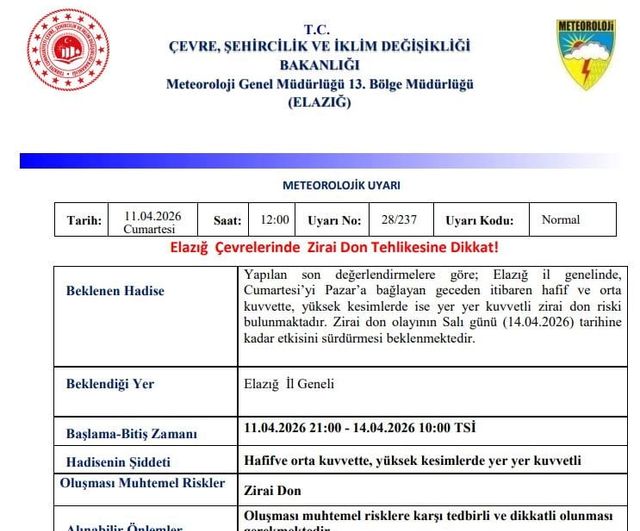 Meteoroloji 13. Bölge Müdürlüğü'nden Elazığ için zirai don uyarısı