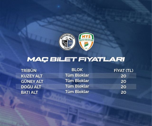 Erciyes 38 FSK - Malatya Yeşilyurtspor maç biletleri 20 TL