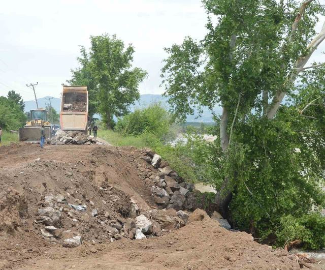 Kelkit Çayı Niksar'da yön değiştirerek yolu çökertti; Erbaa'da seralar sular altında